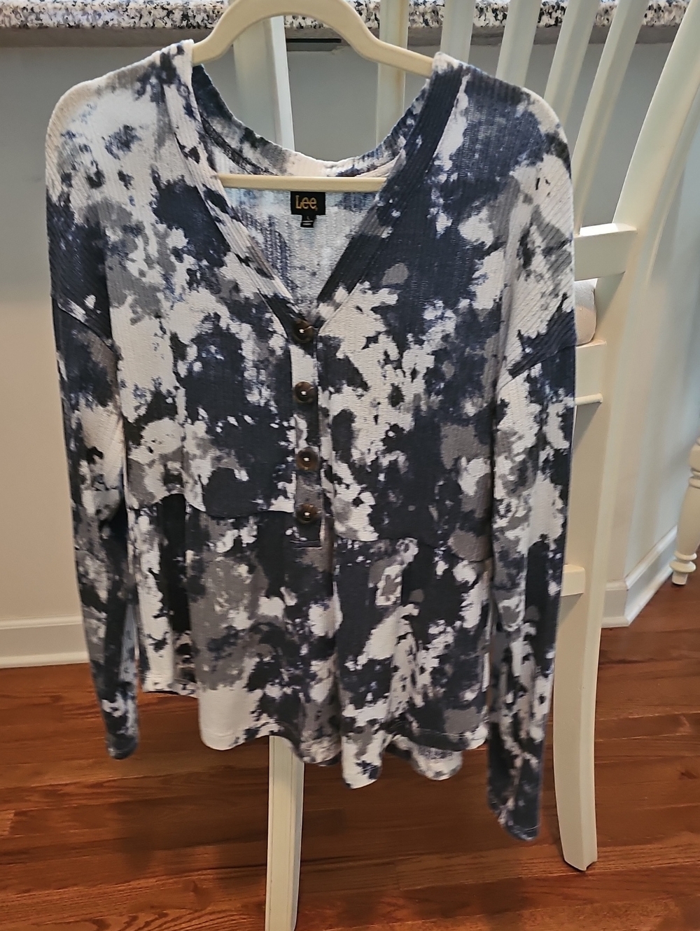 Lee Navy and White Soft Ribbed Faux Button-Front Long Sleeve Peplum Top
